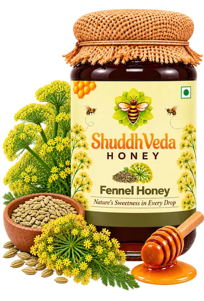 ShuddhVeda Fennel Honey with fennel flowers and seeds