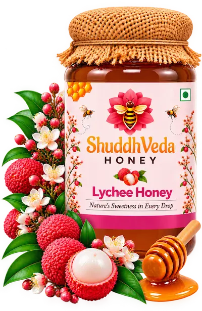 ShuddhVeda Lychee Honey with fresh Lychee fruit and blossoms