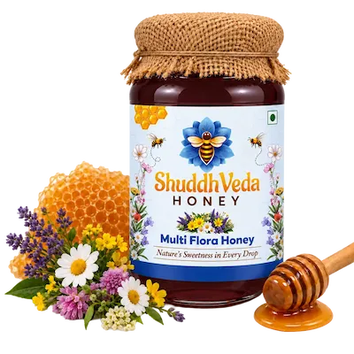 ShuddhVeda Multi Flora Honey with diverse wildflower blossoms