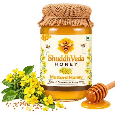 ShuddhVeda Mustard Honey with fresh mustard blooms and wooden dipper