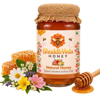 ShuddhVeda Natural Honey with pristine floral bouquet and honey comb