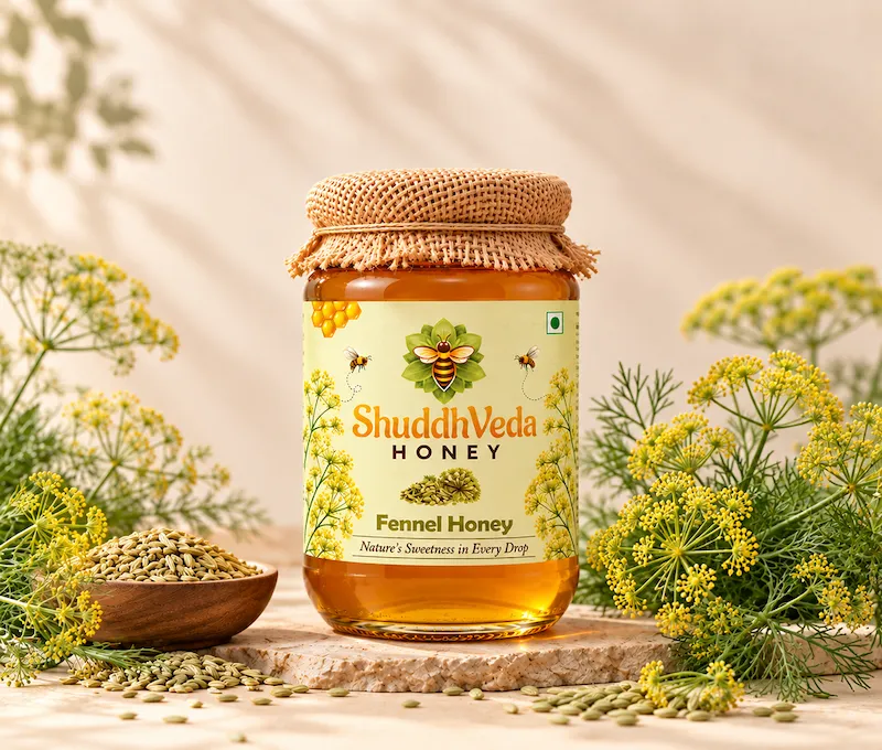 Jar of ShuddhVeda Fennel Honey from fennel blossoms