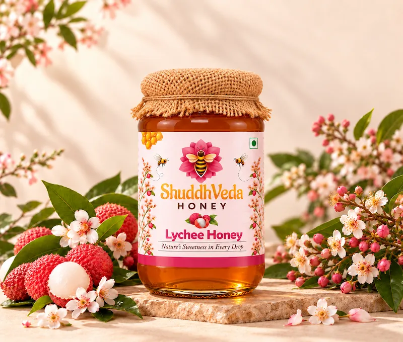 Jar of ShuddhVeda Lychee Honey from Lychee orchards
